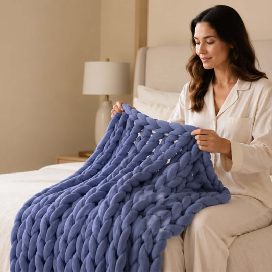 Woman sitting on a bed holding a chunky knit weighted blanket in slate blue