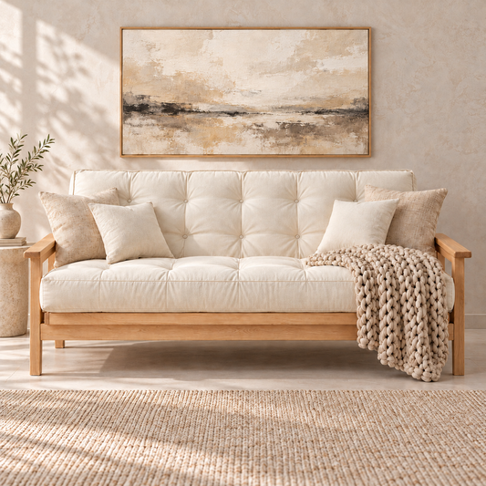 BloomRest™ futon mattress in sofa position on a light wood frame with a BloomKnit™ chunky cotton weighted blanket in Warm Sand™