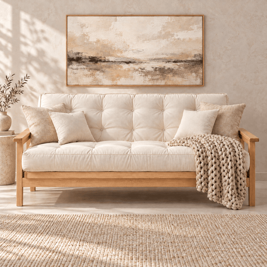 BloomRest™ futon mattress in sofa position on a light wood frame with a BloomKnit™ chunky cotton weighted blanket in Warm Sand™