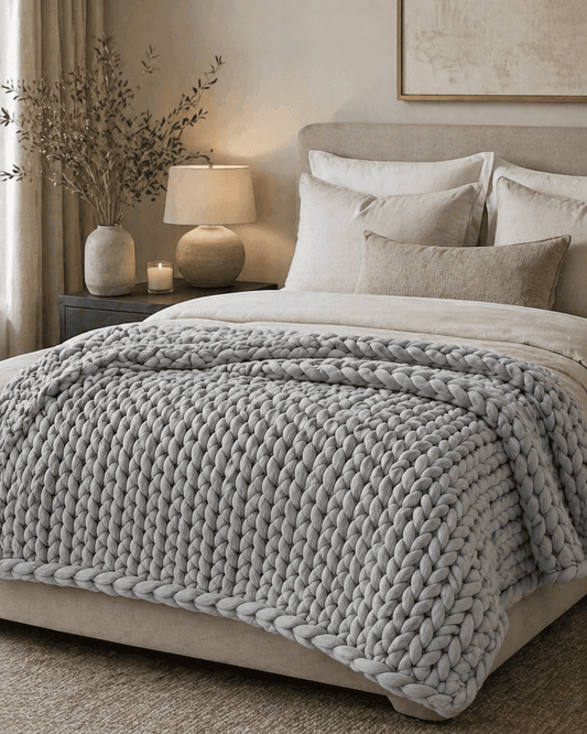 Chunky knit cotton weighted blanket in light grey draped on a styled bed in a neutral bedroom, showing the open-knit texture of BloomKnit