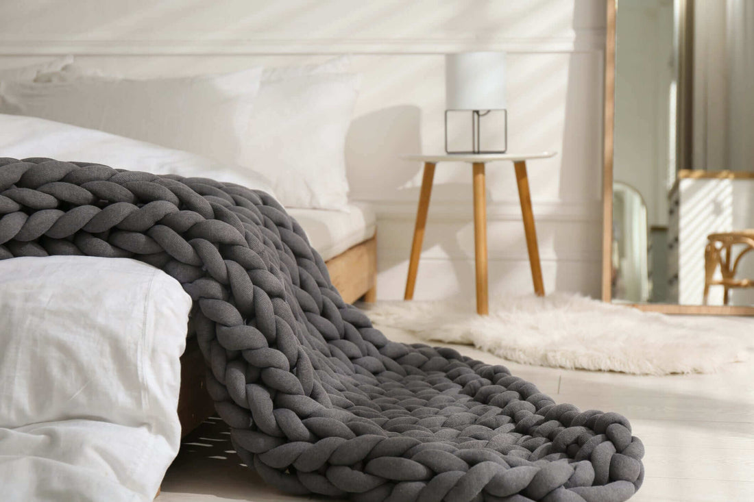 hand-knit Chunky Cotton Weighted Blanket perfect for those who are tired but can’t sleep.