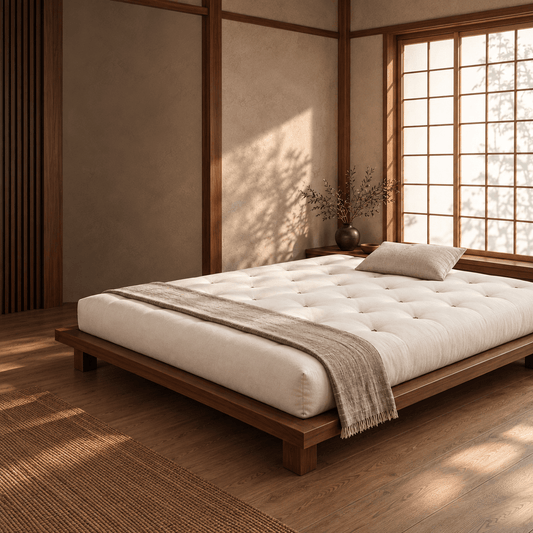 BloomRest™ WoolWrap futon mattress on a low wooden platform bed in a sunlit room