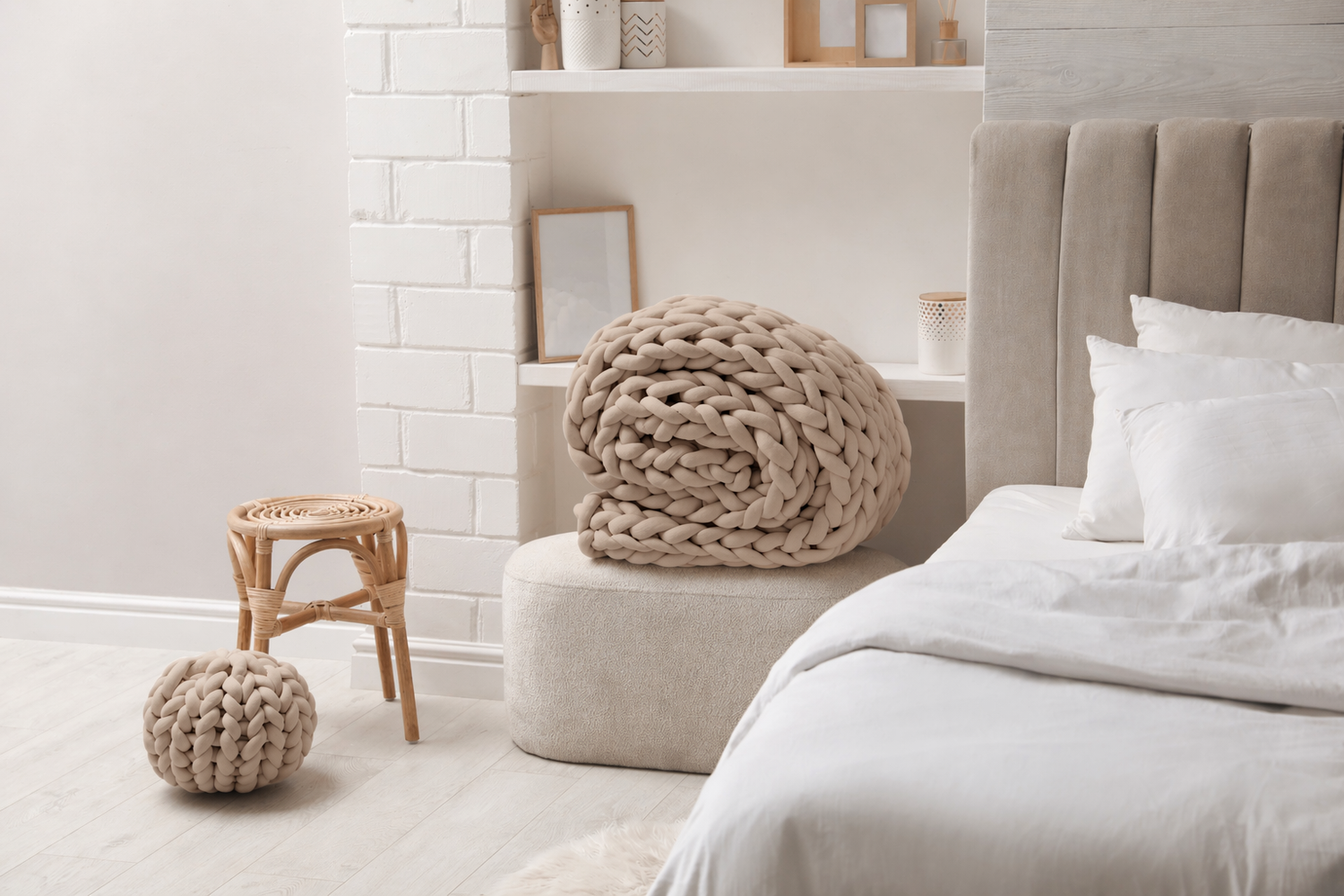 Cream-colored chunky knit weighted blanket styled on a modern bed with soft pillows and natural decor, Blanket & Bloom collection.