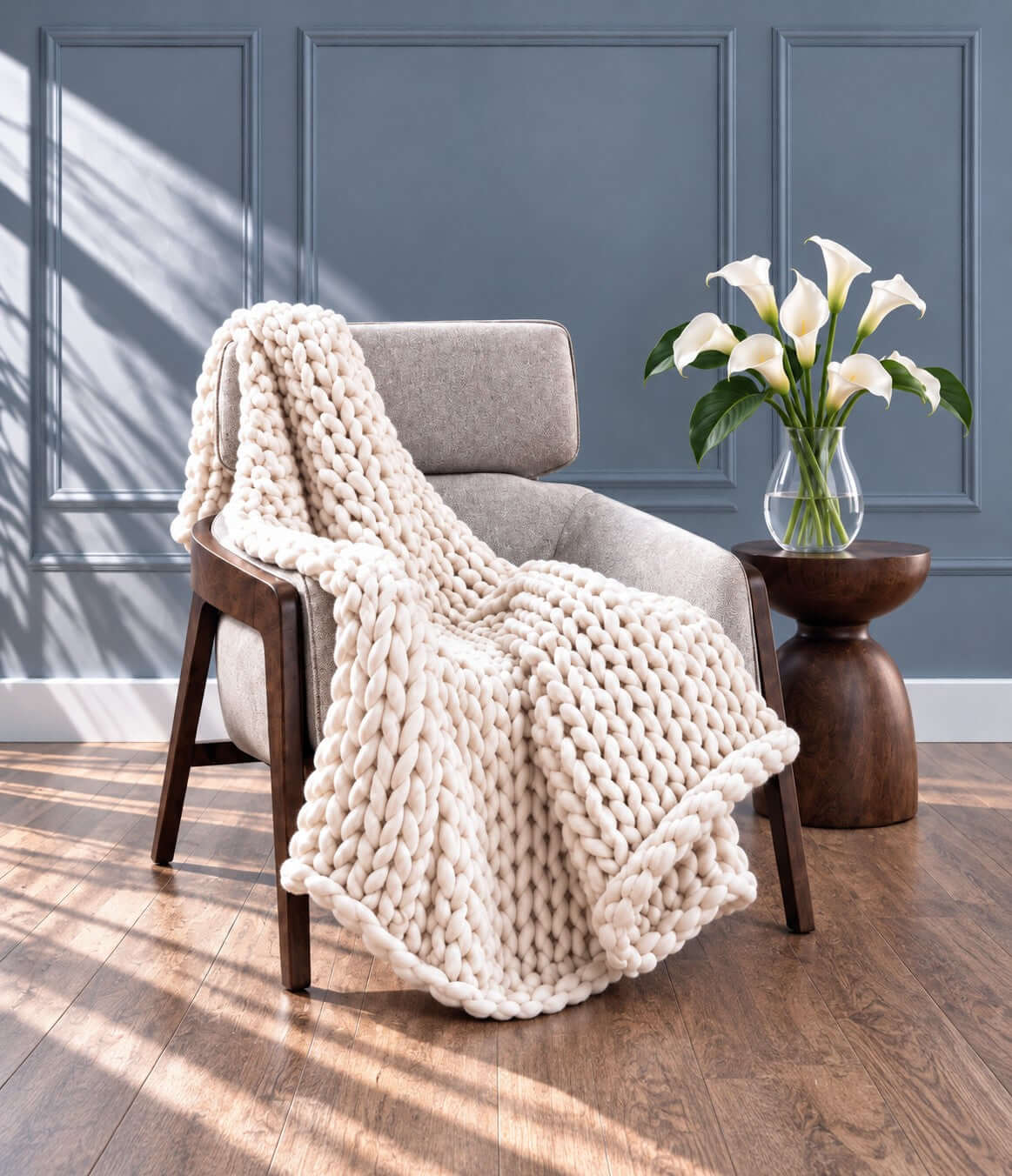 Cotton weighted blanket on the chair.  Bloomknit by Blanket & Bloom