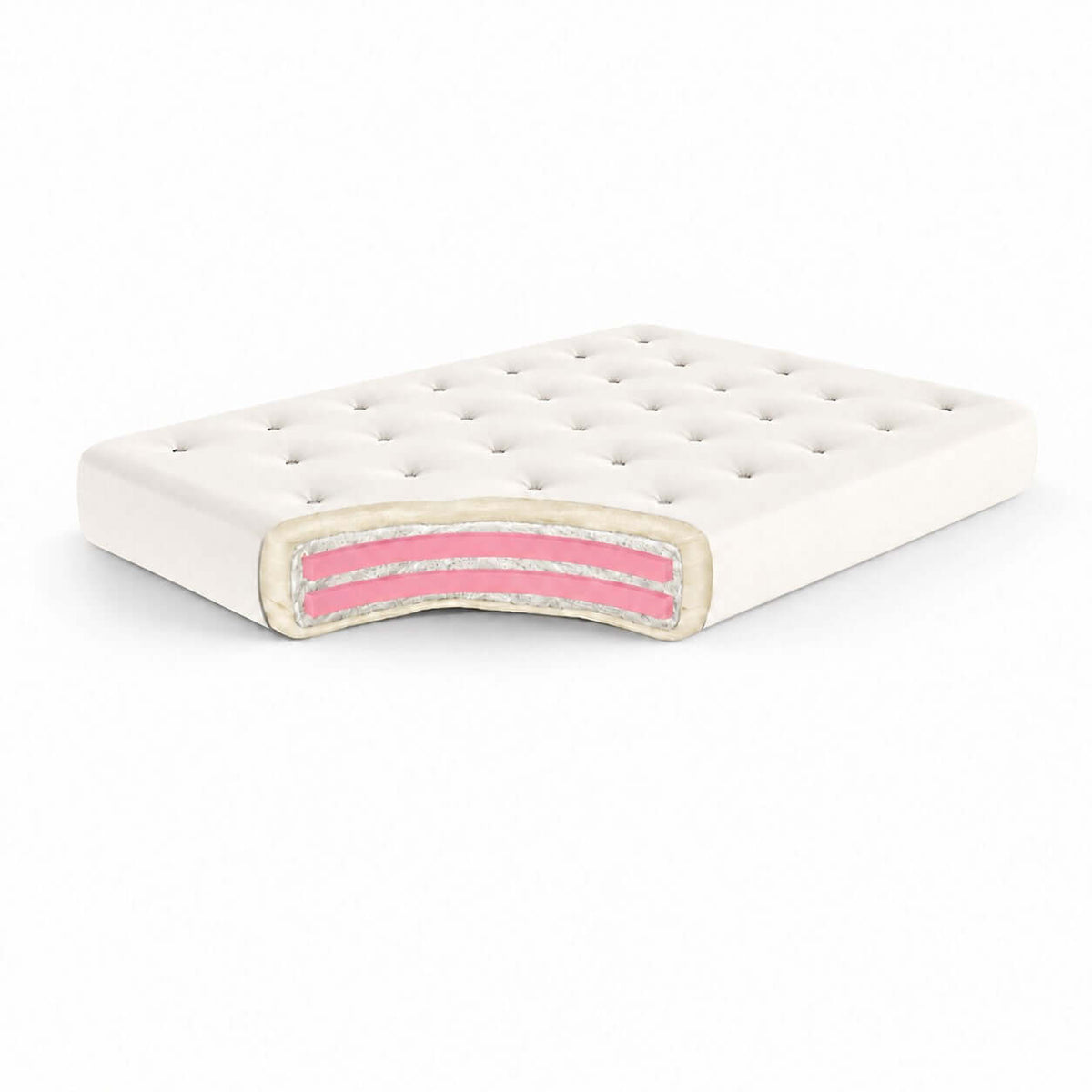 WoolWrap Natural Wool 8-Inch Futon Mattress cutaway showing cotton, New Zealand wool and foam layers