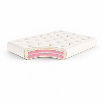 WoolWrap Natural Wool 8-Inch Futon Mattress cutaway showing cotton, New Zealand wool and foam layers