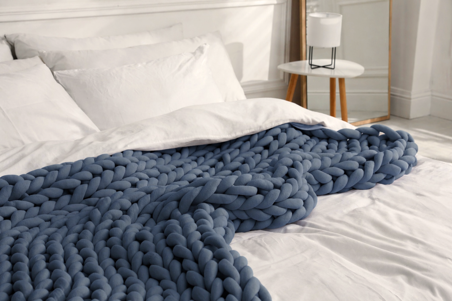 Bloomknit chunky cooling cotton weighted blanket in slate_on_the_bed