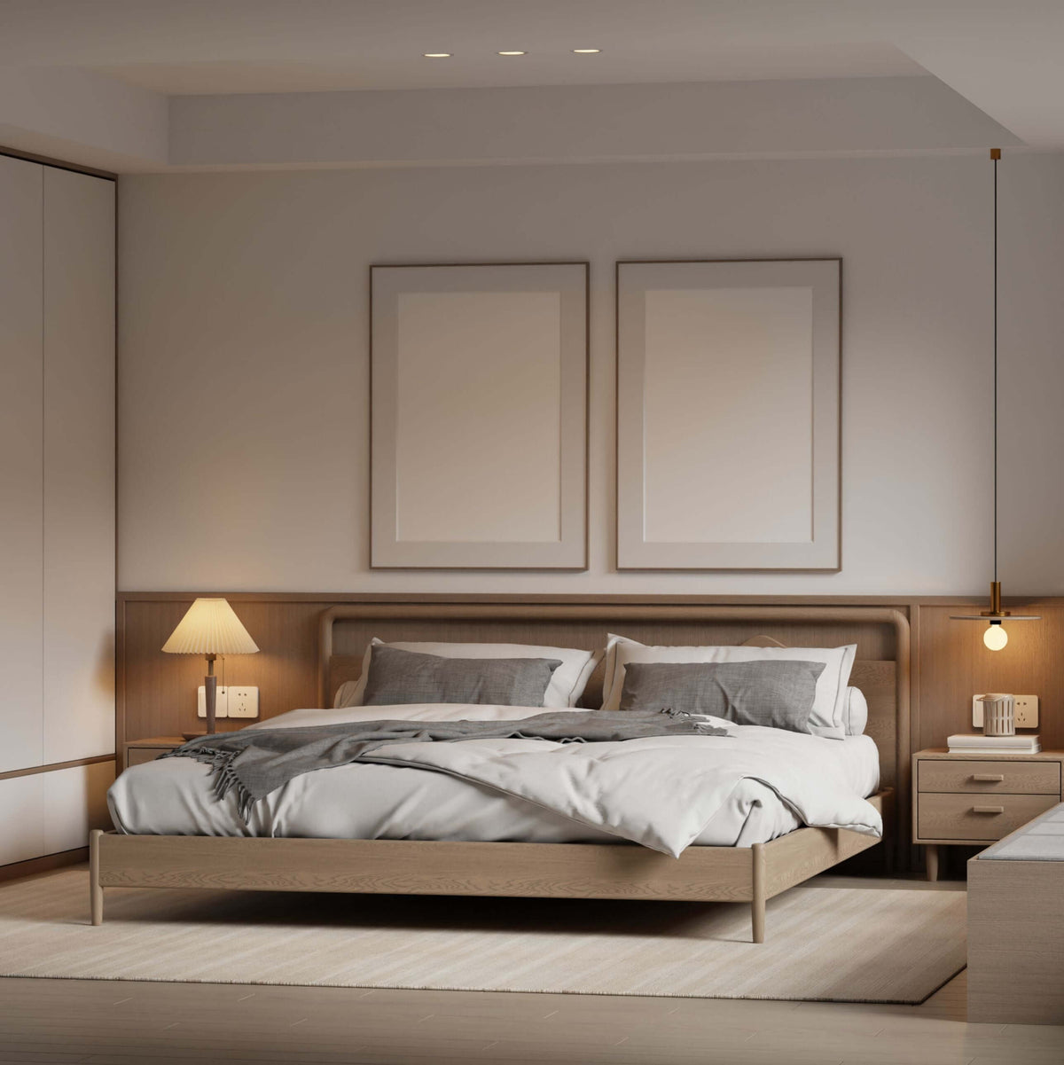 Modern neutral bedroom with a low-profile wood platform bed and a pocketed coil mattress