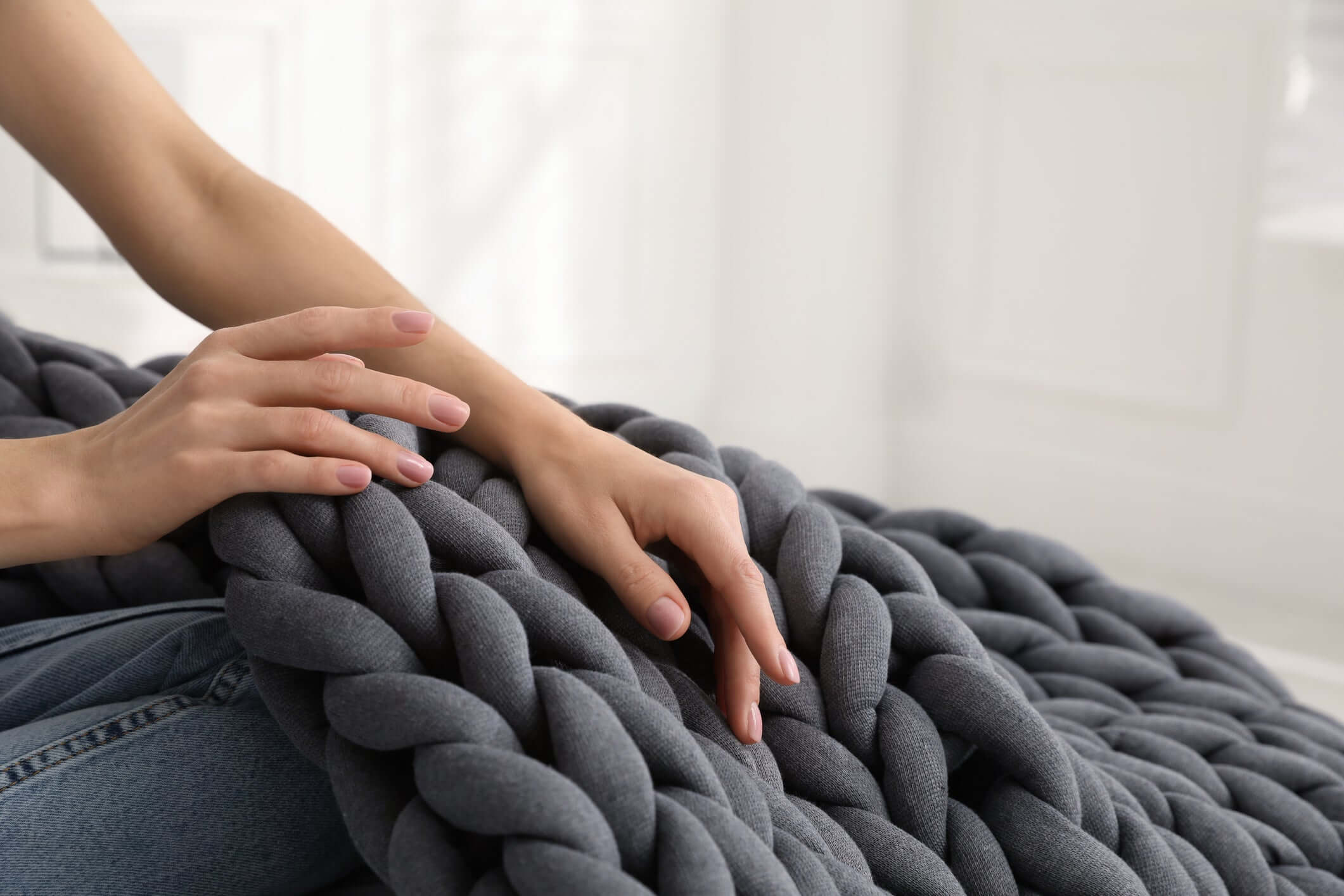 Breathable gray chunky knit weighted blanket for anxiety and sleep, by Blanket & Bloom™