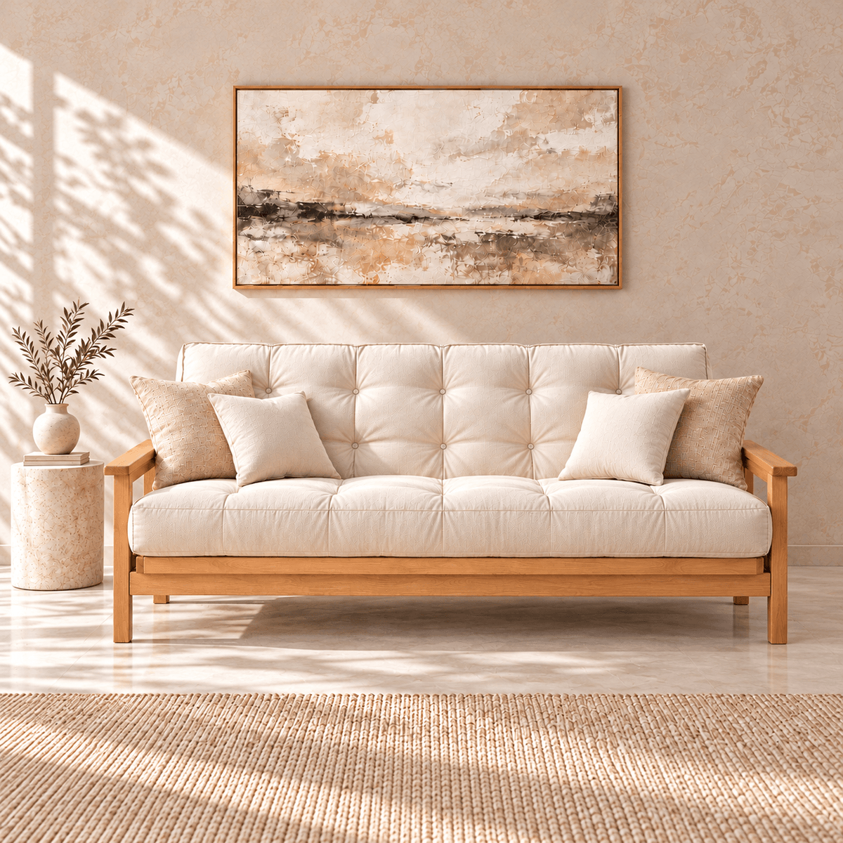 Organic futon mattress on a futon frame in a living room