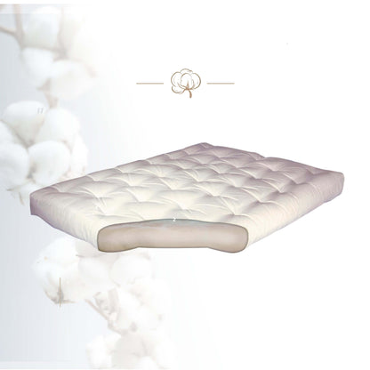 BloomRest organic cotton futon mattress with organic wool, 8-inch, cutaway view