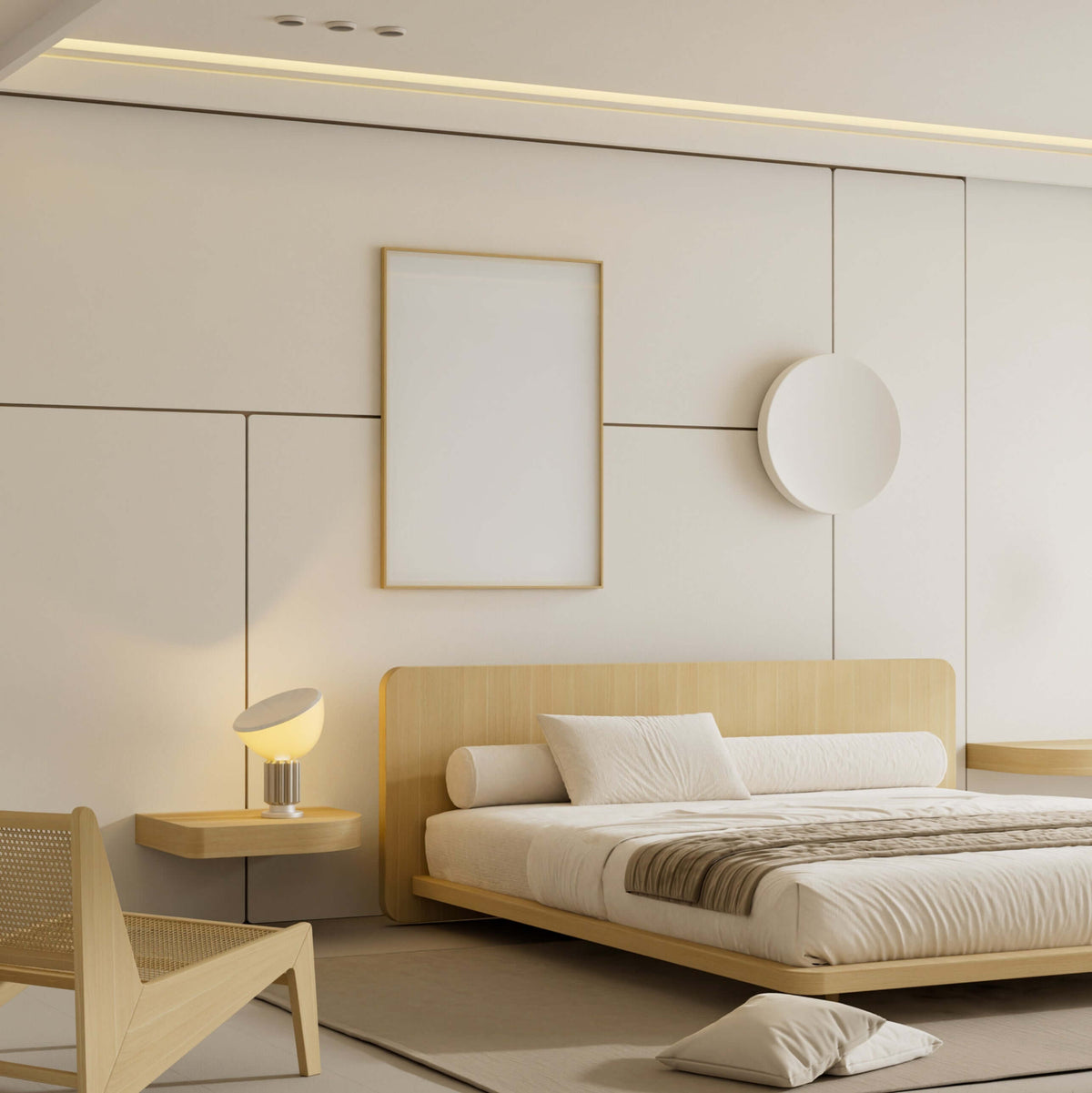 Warm neutral bedroom with a low-profile wood platform bed and wool wrap mattress