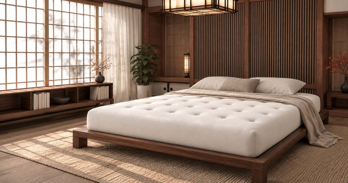 WoolWrap natural wool futon mattress in a Japanese-inspired bedroom setting